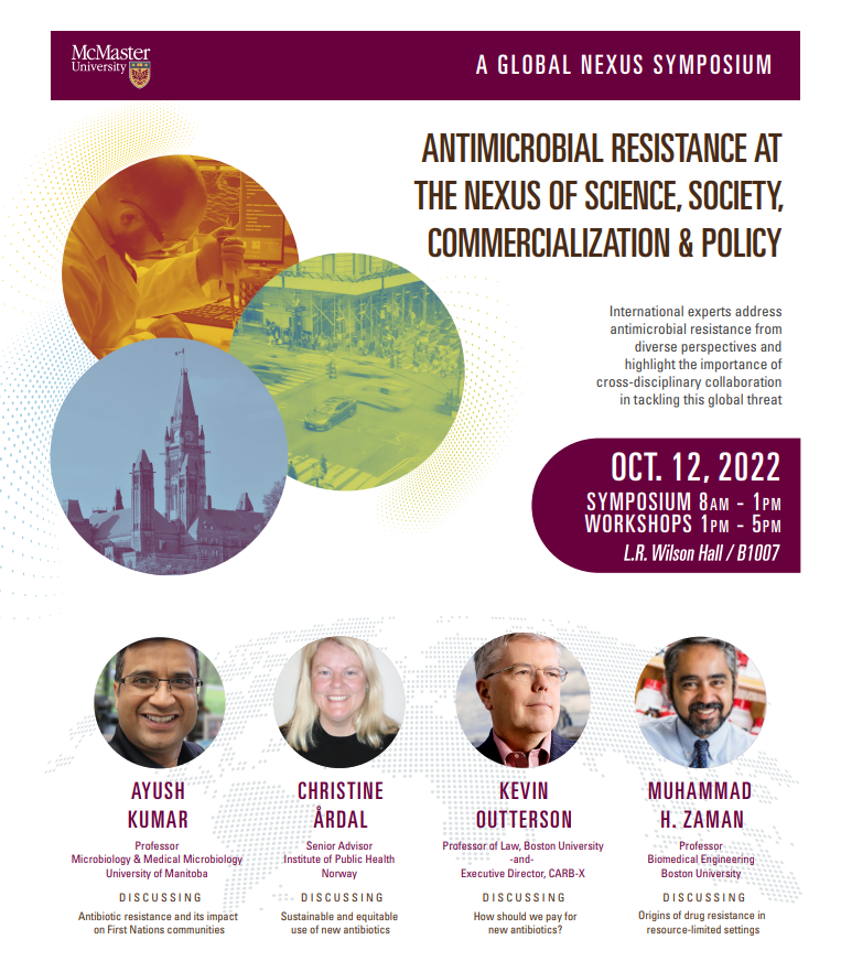 A graphic advertisement for Global Nexus' event entitled 'Antimicrobial resistance at the nexus of science, society, commercialization & policy' that features the headshots of the event's four speakers.