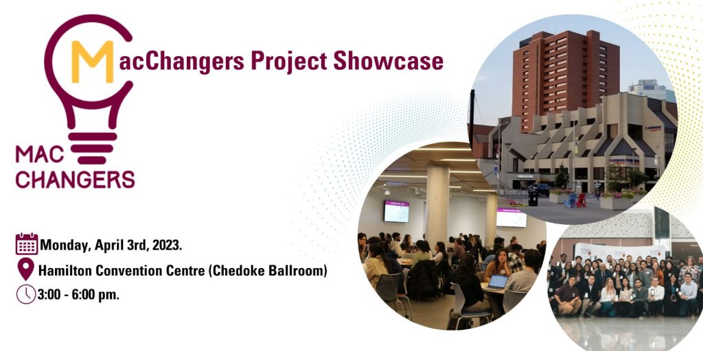 A graphic that reads, MacChangers Project Showcase - Monday April 3rd, 2023 - Hamilton Convention Centre (Cherokee Ballroom) 3:00 - 6:00om. It also features an exterior image of the Hamilton Convention Centre, a photo of students sitting in a large classroom and a group of students posing for a photo.