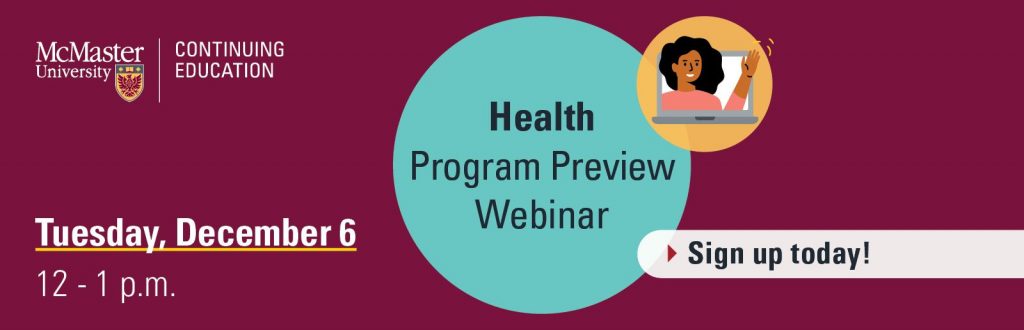 A graphic that reads, ‘health program preview webinar - sign up today - Tuesday, December 6 12-1pm and features a graphic image of a person waving overlaid on a graphic image of an open laptop.