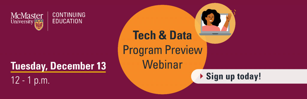 A graphic that reads, ‘tech & data program preview webinar - sign up today - Tuesday, December 13 12-1pm and features a graphic image of a person waving overlaid on a graphic image of an open laptop.