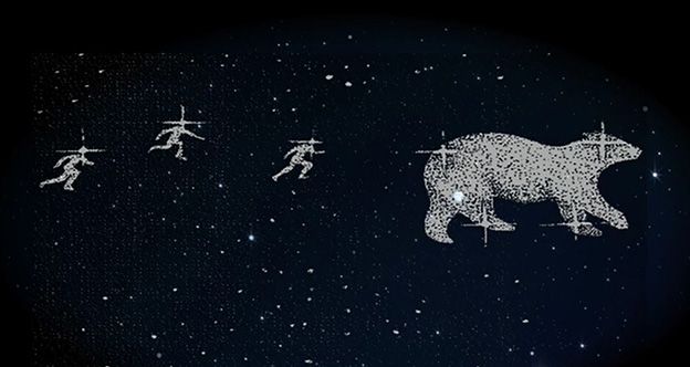 An illustration of a bear and the silhouettes of three brothers on a starry night sky
