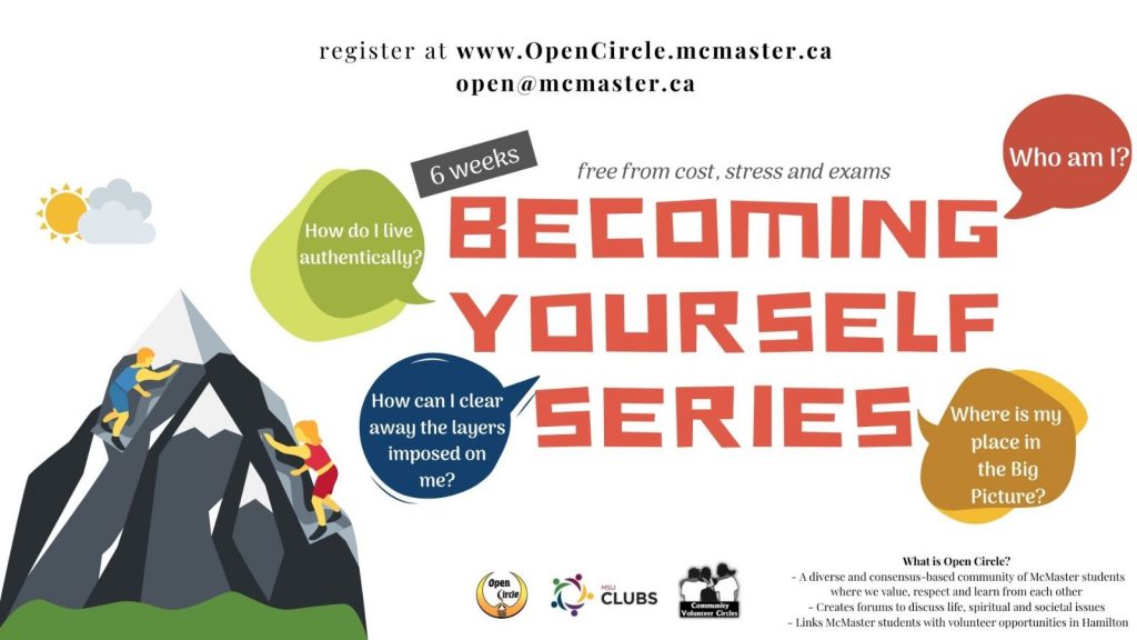 A graphic advertising Open Circle's 'becoming yourself series.' The ad features text and a graphic illustration of two people climbing a mountain.